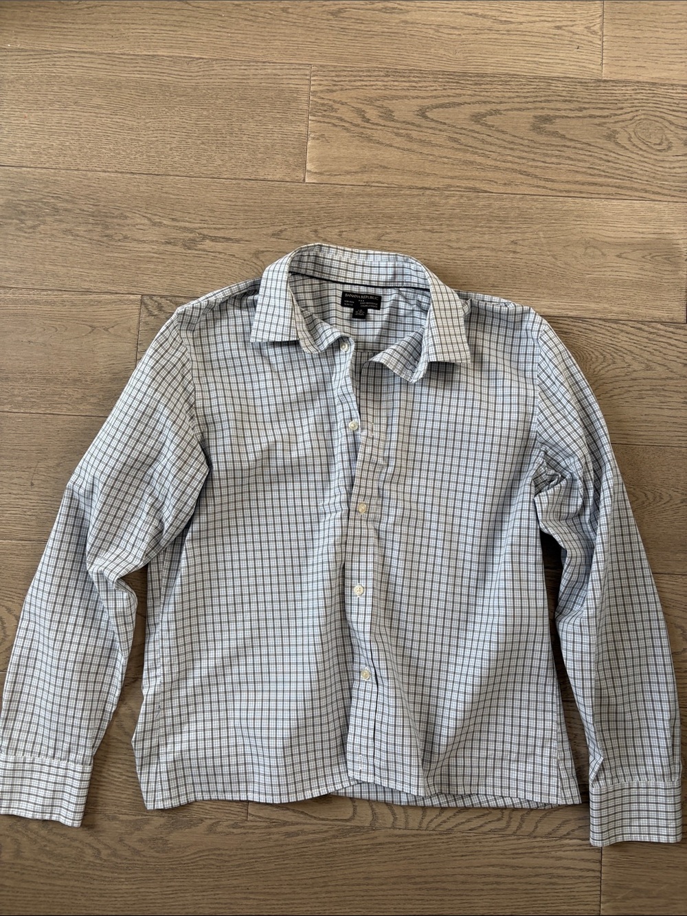 Banana Republic Cropped Light Blue & White Grid Button-Down Shirt